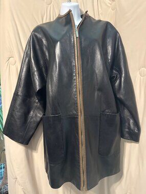 Ellen Tracy Black Leather Coat Lined Zip-up EUC 1X